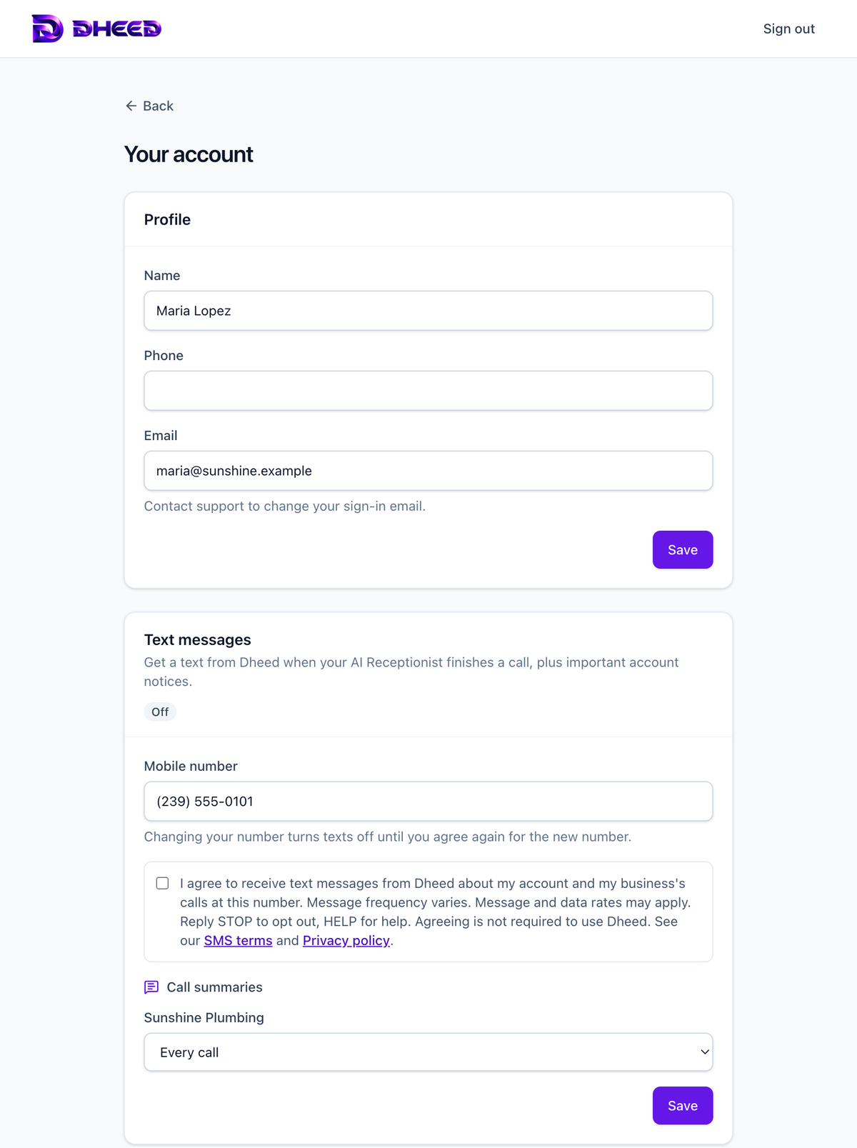 The Dheed Account page with the Profile section and the Text messages section
