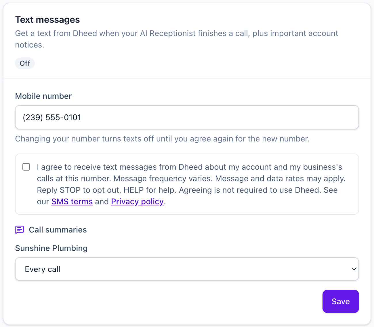 The Text messages section of the Dheed Account page: mobile number field, an unchecked consent checkbox with the consent text, call summary choice and a Save button